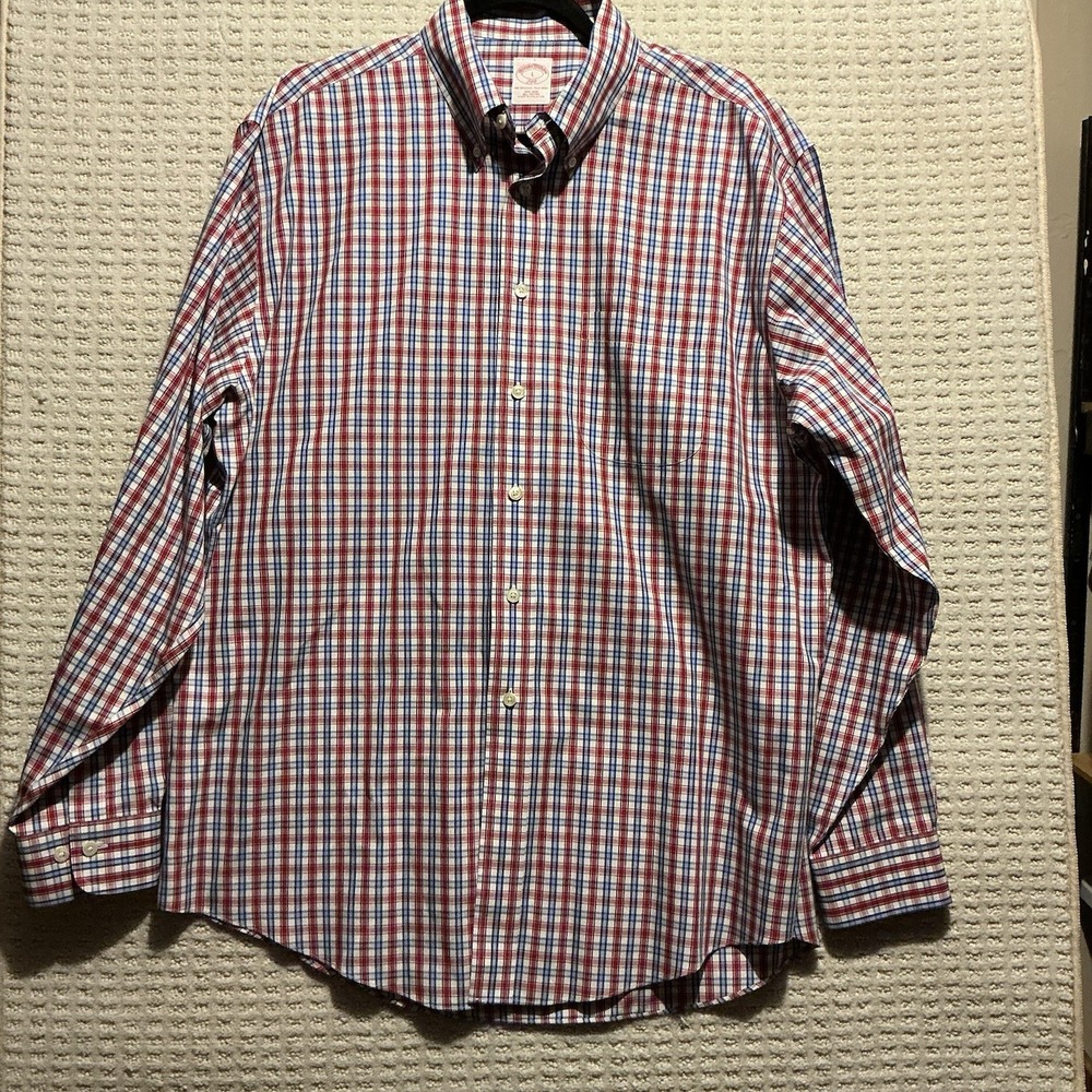 Brooks Brothers Mens 346 Original Polo Shirt Long Sleeve L Red White Blue Plaid